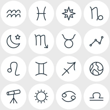 16 takımyıldızı simgeler çizgi stili vektör Illustration. Düzenlenebilir boğa, geometrik dizi, yakınlaştırma cam ve diğer simge öğeleri.