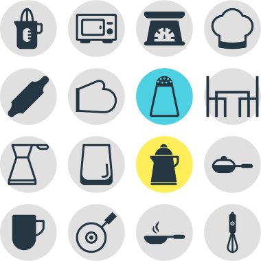 Vektör çizim simgeler pişirme 16. Çay bardağı, kızartma tavası, shaker ve diğer simge öğeleri düzenlenebilir kümesi.