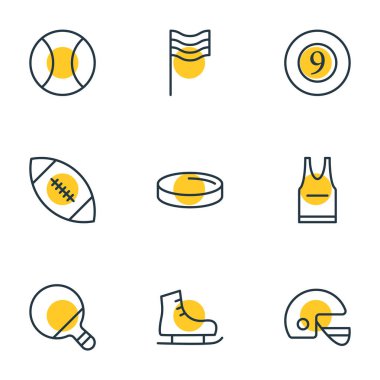 9 fitness simgeler çizgi stili vektör Illustration. Paten, Bilardo, yarışçı şapka ve diğer simge öğeleri düzenlenebilir kümesi.