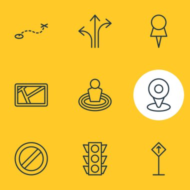 9 yönünü simgeler çizgi stili vektör Illustration. Yer, yol, trafik ışığı ve diğer simge öğeleri düzenlenebilir kümesi.