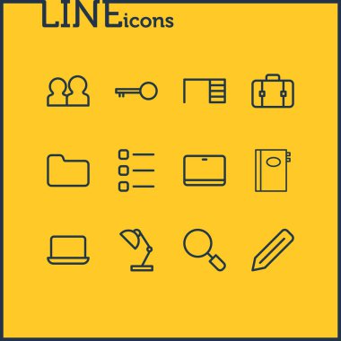 12 büro simgeler çizgi stili vektör Illustration. Dizin, takım, kalem ve diğer simge öğeleri düzenlenebilir kümesi.