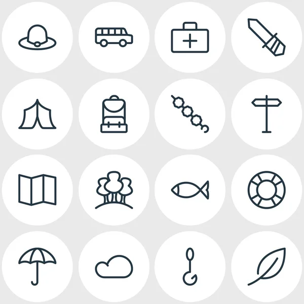 Vektoros illusztráció 16 kemping ikonok vonalstílust. Szerkeszthető készlet-ból felhő, sátor, halászati és egyéb ikon. — Stock Vector