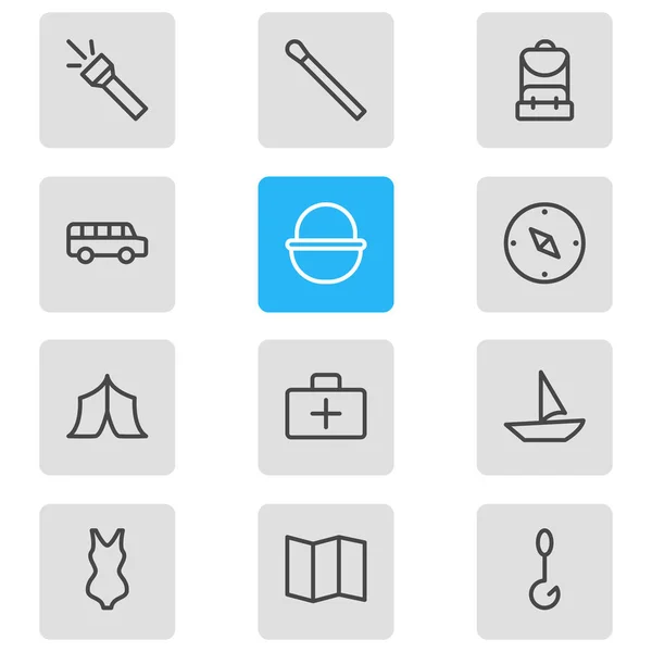 Векторная иллюстрация стиля линии 12 туристических икон. Набор для стола, рюкзак, палка и другие элементы иконы . — стоковый вектор