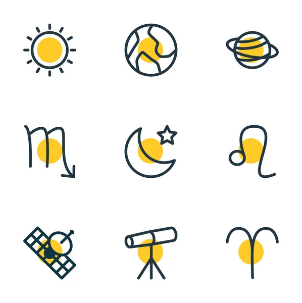 Ilustração vetorial de 9 ícones de astrologia estilo de linha. Conjunto editável de leão, satélite, ensolarado e outros elementos de ícone . — Vetor de Stock