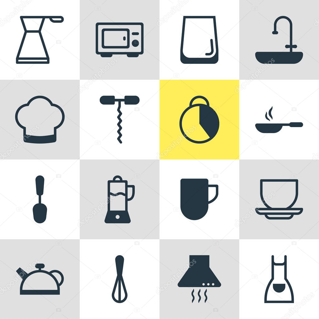 Vector illustration of 16 cooking icons. Editable set of smock, extractor appliance, timekeeper and other icon elements.