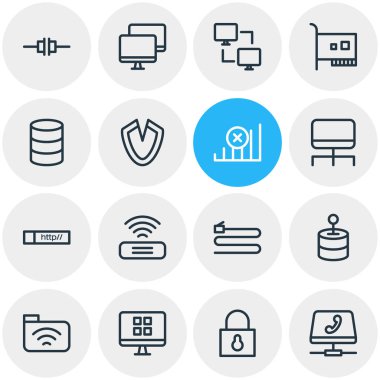 16 web simgeler çizgi stili vektör Illustration. Düzenlenebilir küme bağlantılı bilgisayar, denetleyicisi, bağlantı ve diğer simge öğeleri.