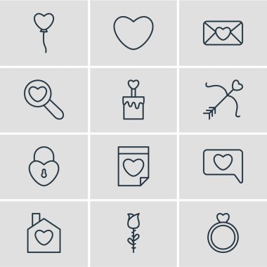 12 amour simgeler çizgi stili vektör Illustration. Çiçek, kalp, ev ve diğer simge öğeleri düzenlenebilir kümesi.