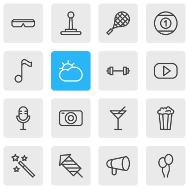 16 boş zaman simgeleri çizgi stili vektör Illustration. Bullhorn, kokteyl, manevra kolu ve diğer simge öğeleri düzenlenebilir kümesi.