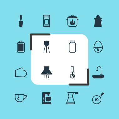 Vektör çizim simgeler pişirme 16. Banyoya, Dilimleyici simgesi öğeleri yuvarlak fırın eldiveni düzenlenebilir kümesi.