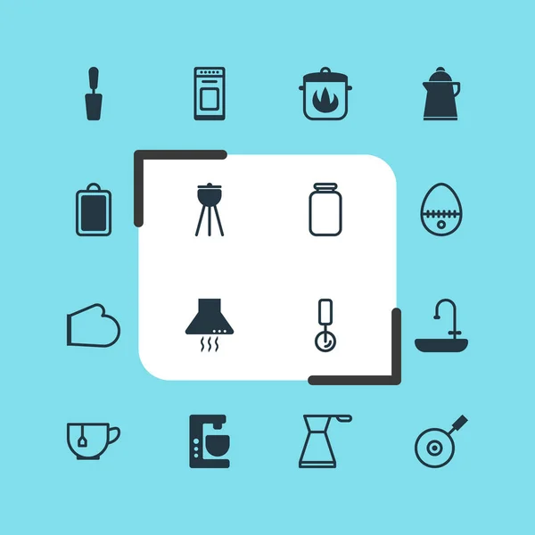 Illustrazione vettoriale di 16 icone di cucina. Set modificabile di lavabo, guanti da forno, elementi icona affettatrice rotonda . — Vettoriale Stock