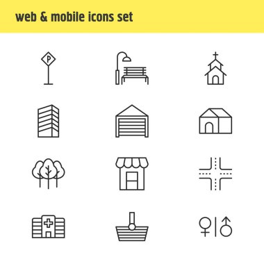 12 genel simgeleri çizgi stili vektör Illustration. Düzenlenebilir yol işaret, klinik, orman ve diğer simge öğeleri kümesi.