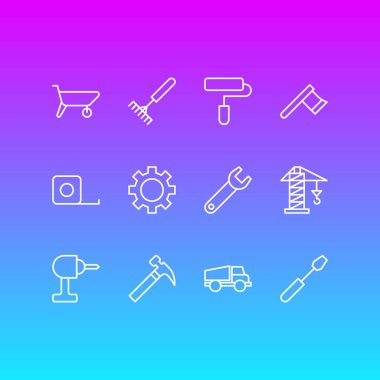 12 sanayi simgeleri çizgi stili vektör Illustration. Matkap, taşıyıcı, dişli ve diğer simge öğeleri düzenlenebilir kümesi.