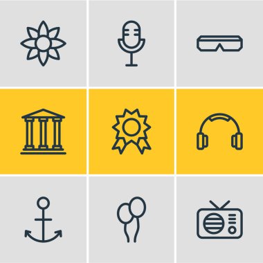 9 boş zaman simgeleri çizgi stili vektör Illustration. Gözlükler, mike, sigorta primi ve diğer simge öğeleri düzenlenebilir kümesi.