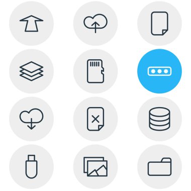 12 Arşiv simgeleri çizgi stili vektör Illustration. Datacenter, upload, yukarı ve diğer simge öğeleri düzenlenebilir kümesi.