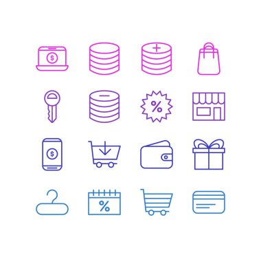 16 simgeler çizgi stili ticaret vektör Illustration. M-cüzdan, düzenlenebilir kümesi eklemek, kar ve diğer simge öğeleri.