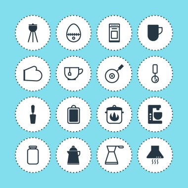 Vektör çizim simgeler pişirme 16. Spatula, çay, Kahvaltı ve diğer simge öğeleri düzenlenebilir kümesi.