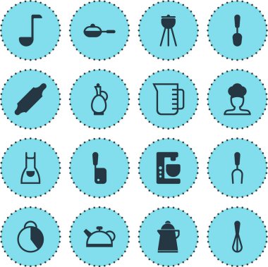 16 mutfak eşyaları simgeler vektör Illustration. Sürahi, Mikser, pan ve diğer simge öğeleri düzenlenebilir kümesi.