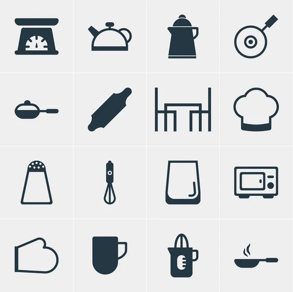 Ilustración vectorial de 16 iconos de restaurantes. Conjunto editable de mezclador manual, sartén, elementos de icono de copa de vidrio . — Archivo Imágenes Vectoriales