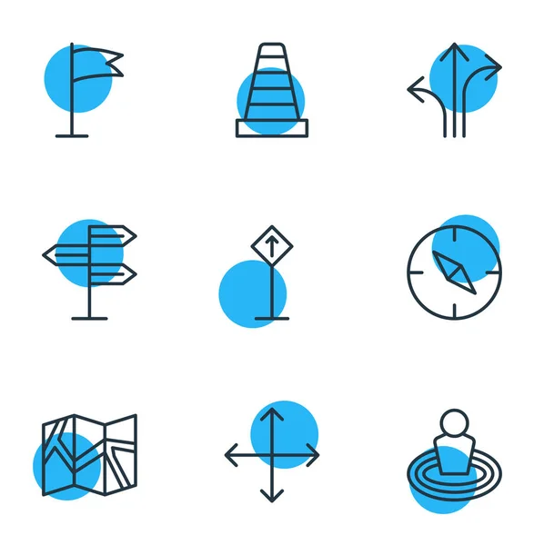 Vektorillustration von 9 Navigationssymbolen Linienstil. editierbares Set aus Kompass, Wegweiser, Navigation und anderen Symbolelementen. — Stockvektor