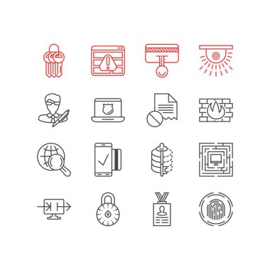 16 gizlilik simgeler çizgi stili vektör Illustration. Güçlü parola, antivirus, bozuk dosya ve diğer simge öğeleri düzenlenebilir kümesi.