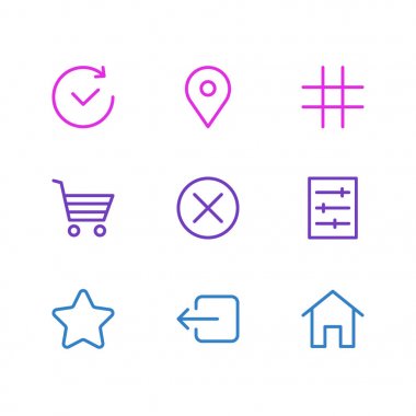 9 uygulama simgeleri çizgi stili vektör Illustration. İğne ucu, kilitli, beğeni ve diğer simge öğeleri düzenlenebilir kümesi.