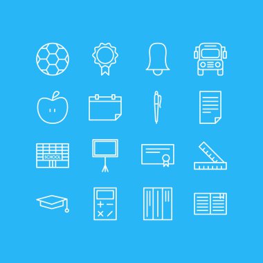 16 çalışmalar simgeler çizgi stili vektör Illustration. Kütüphane, sertifika, çan ve diğer simge öğeleri düzenlenebilir kümesi.