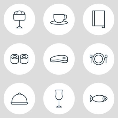 Vektör çizim simgeler çizgi stili yeme 9. Japon rulo, çay, bardağı ve diğer simge öğeleri düzenlenebilir kümesi.