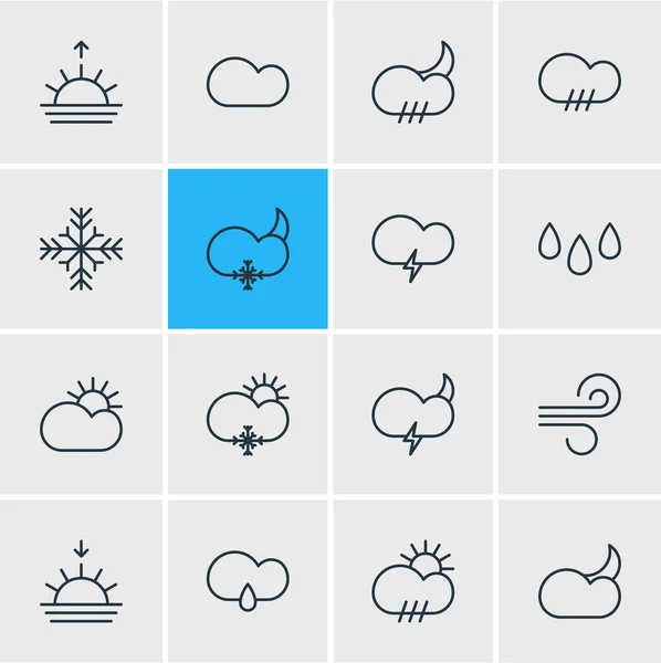 Vectorillustratie van 16 weer pictogrammen lijnstijl. Bewerkbare verzameling zonnige, sneeuwvlok, wind en andere elementen van het pictogram. — Stockvector