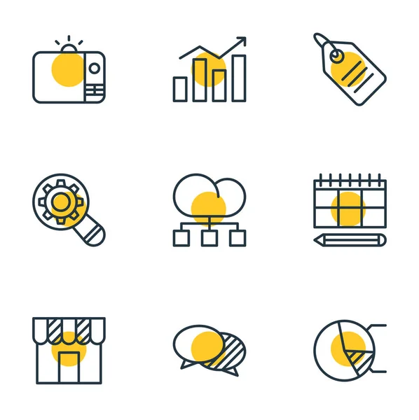 Illustrazione vettoriale di 9 icone pubblicitarie stile linea. Set modificabile di diagramma di cerchio, programma, discussione e altri elementi icona . — Vettoriale Stock