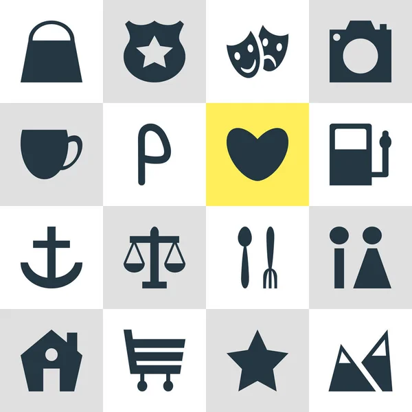 Ilustración vectorial de 16 iconos de ubicación. Conjunto editable de policía, bolsa de compras, baño y otros elementos del icono . — Archivo Imágenes Vectoriales