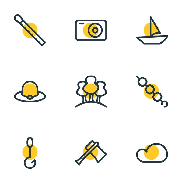 Vectorillustratie van 9 camping pictogrammen lijnstijl. Bewerkbare set boom, haak, snoep pictogram elementen. — Stockvector