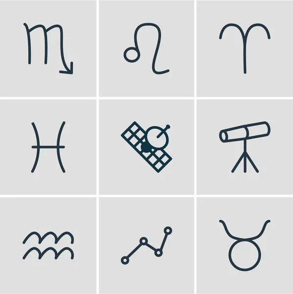 Vectorillustratie van 9 astrologie pictogrammen lijnstijl. Sterrenbeeld Stier, Spoetnik en andere elementen van het pictogram bewerkbaar set. — Stockvector