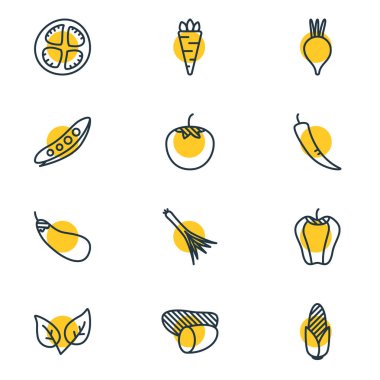 12 gıda simgeler çizgi stili vektör Illustration. Patates, sebze, havuç ve diğer simge öğeleri düzenlenebilir kümesi.