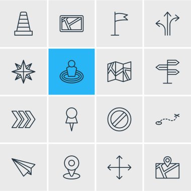 16 yer simgeler çizgi stili vektör Illustration. Koni, raptiye, bir giriş ve diğer simge öğeleri düzenlenebilir kümesi.