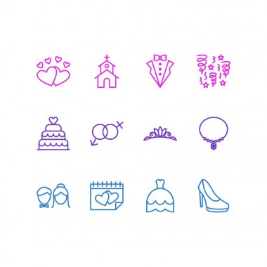 12 evlilik simgeler çizgi stili vektör Illustration. Topuklu ayakkabı, Kalpler, damat takım elbise ve diğer simge öğeleri düzenlenebilir kümesi.