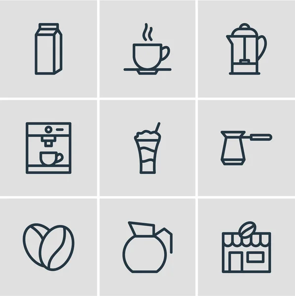 Ilustración vectorial de 9 iconos de bebidas estilo línea. Conjunto editable de cafetera, cezve, cafetería y otros elementos del icono . — Archivo Imágenes Vectoriales