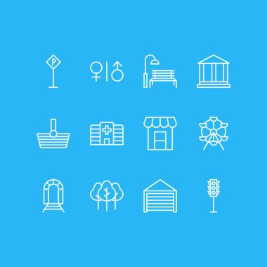 12 genel simgeleri çizgi stili vektör Illustration. Ağaç, wc, trafik ışığı ve diğer simge öğeleri düzenlenebilir kümesi.