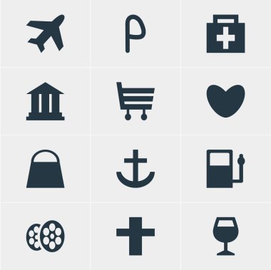 12 seyahat simgeler vektör Illustration. Akademi, liman, Pazar ve diğer simge öğeleri düzenlenebilir kümesi.