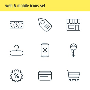 9 ticaret simgeler çizgi stili vektör Illustration. Düzenlenebilir Salonu, alışveriş sepeti, ödeme ve diğer simge öğeleri kümesi.