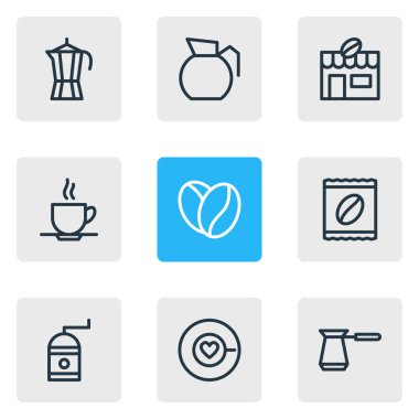 9 kahve simgeler çizgi stili vektör Illustration. Ev, kahve makinesi, paket latte ve diğer simge öğeleri düzenlenebilir kümesi.