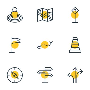 9 yer simgeler çizgi stili vektör Illustration. Dikkat, yön tabelası, yol ve diğer simge öğeleri düzenlenebilir kümesi.