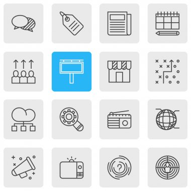 Vektör çizim simgeler çizgi stili pazarlama 16. Tv, promosyon, yapısı ve diğer simge öğeleri düzenlenebilir kümesi.