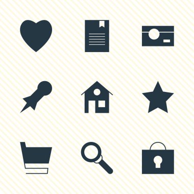 9 Internet simgeler vektör Illustration. Kalp, PIN, kamera ve diğer simge öğeleri düzenlenebilir kümesi.