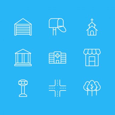 9 şehir simgeler çizgi stili vektör Illustration. Akademi, kavşak, postbox ve diğer simge öğeleri düzenlenebilir kümesi.