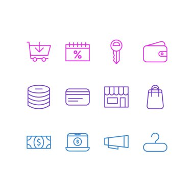 12 toptan simgeleri çizgi stili vektör Illustration. Ticaret, alışveriş, nota anahtarı ve diğer simge öğeleri düzenlenebilir kümesi.