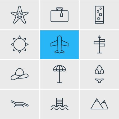 12 yaz simgeler çizgi stili vektör Illustration. Şapka, plaj tezgah, şemsiye ve diğer simge öğeleri düzenlenebilir kümesi.