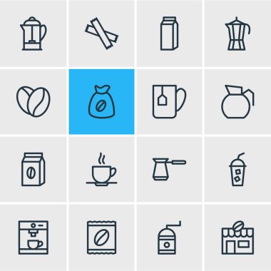 16 kahve simgeler çizgi stili vektör Illustration. Çuval, çay poşeti, arabica fasulye ve diğer simge öğeleri düzenlenebilir kümesi.
