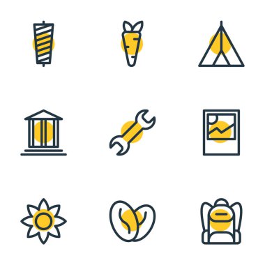 9 eğlence simgeler çizgi stili vektör Illustration. Kamp, sebzeli, Müzesi ve diğer simge öğeleri düzenlenebilir kümesi.