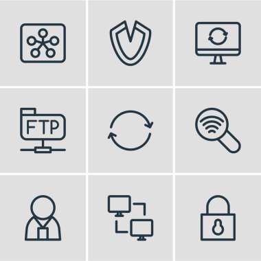 9 ağ kutsal kişilerin resmi çizgi stili vektör Illustration. Yönlendirici, virüsten koruma düzenlenebilir kümesi, ftp ve diğer simge öğeleri.