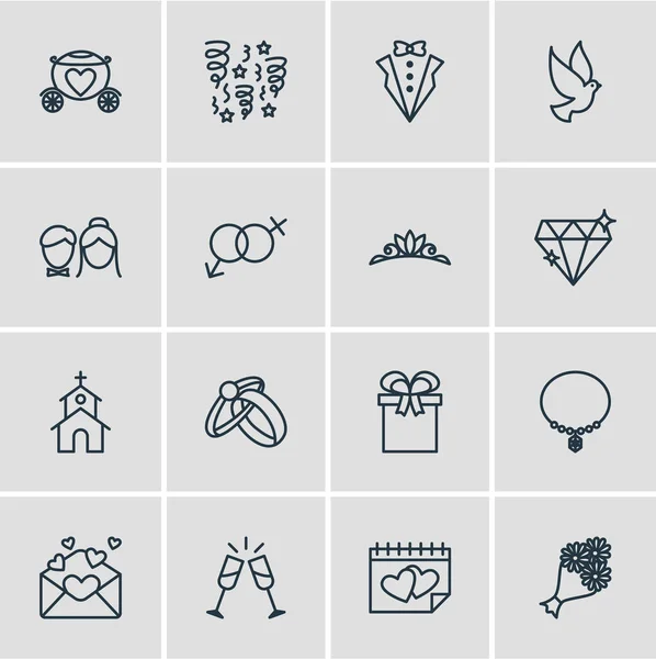Ilustración vectorial de 16 iconos de compromiso estilo de línea. Conjunto editable de champán, recién casados, traje de novio y otros elementos del icono . — Archivo Imágenes Vectoriales